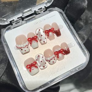 【HANDMADE+Free Glue】Press on Nails Polka Dot Bow French Phototherapy Fake Nail Patch Artificial Nail Reusable