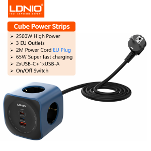 LDNIO European power strip cube power socket 65w fast charging station USB-C USB-A 3 outlet power tower 2m EU plug power cord