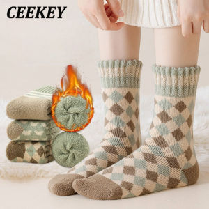 CEEKEY ถุงเท้าหนาสำหรับเด็กฤดูใบไม้ร่วงและฤดูหนาวหนาถุงเท้ากลางอบอุ่นขนแกะถุงเท้านอนฤดูหนาวชั้นถุงเท้าถุงเท้าเทอร์รี่ดวงจันทร์