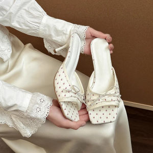 Summer Floral High Heels Women Slippers Fashion Square Toe Slip On Shoes Ladies Outdoor Party Dress Slides