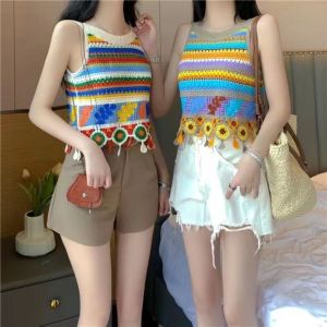 TIMIA Stripe Embroidery Flower Camisole Leaf Rainbow Ethnic Style Sling Fashion Korean Style Tassel Knitted Vest Women