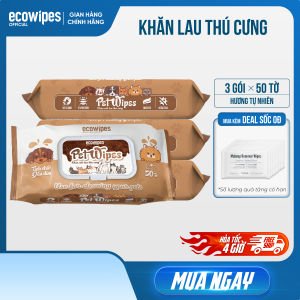 Combo 03 gói khăn ướt vệ sinh thú cưng Pet Wipes gói 50 tờ mùi hương tự nhiên vừa làm sạch khử mùi cho chó mèo
