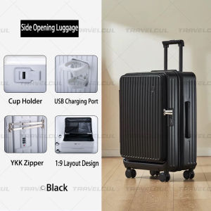 TRAVELCUL Side Opening 20/24 Inch Luggage With USB Port Cup Holder Luggage Bag Travel Laptop Front Boarding Bag