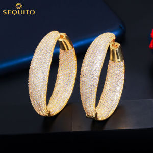 SEQUITO European Fashion Full Micro Cubic Zirconia Large Circle Hoop Earrings Indian 916 Gold Plated Women Statement Jewelry SE395