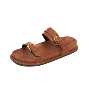 YOTO British-Style Flat Sandals For Women Leather with Vintage Buckle Double Straps Slippers.