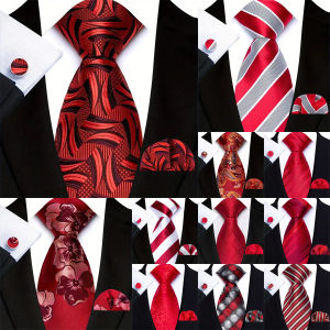 Red Striped Paisley Solid Floral Wedding 8CM Tie for Men Design Mens Necktie Hanky Cufflink Set for Daily Wear Business Party