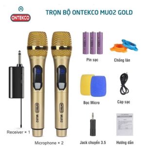 Bộ 02 Micro Không dây Chính hãng ONTEKCO MU02 màu xanh đỏ cao cấp Chuyên dụng hát Karaoke Loa kéo Amply âm thanh hay