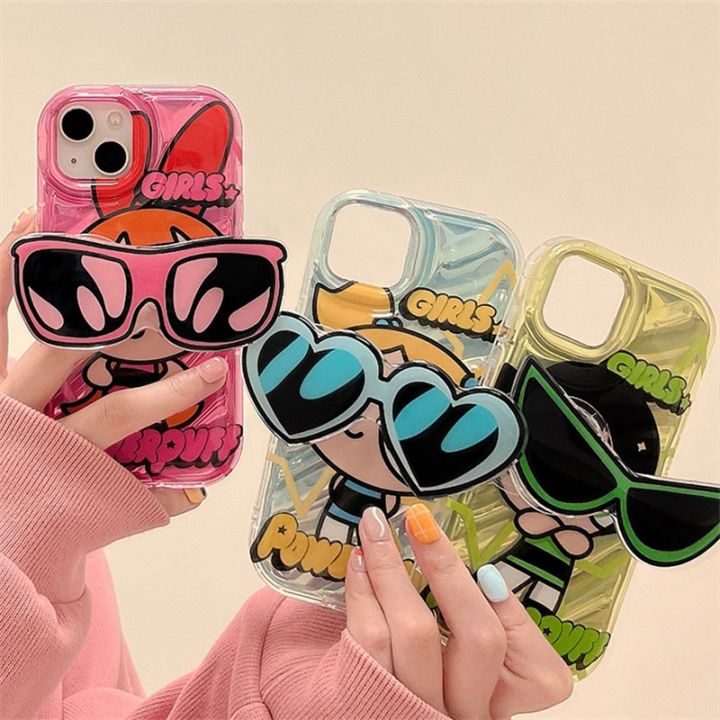 Lovely Powerpuff Girls Sunglasses Bracket Phone Case for iPhone 14