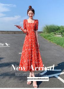 กระโปรงลายดอกไม้ แขนฟองสบู่ ซ่อนข้อบกพร่องของแขน กระโปรง กระชับสัดส่วนและกระชับสัดส่วน ปรับเปลี่ยนรูปร่าง