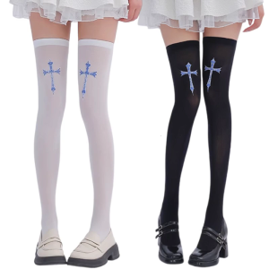 Thigh High Socks with Crosses Print for Women Girls Long Tube Stockings Over the Knee Socks Summer Nylon Stockings