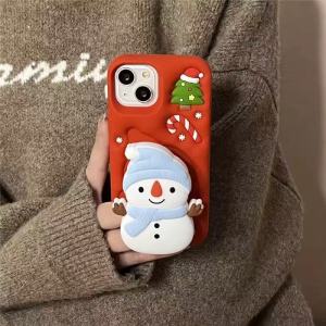 3D Telescopic Stand Cartoon Christmas Snowman Silicone Phone Case for iPhone 17 16 15 14 13 Pro Max Air Casing Red Soft Silicone Cover for iPhone 17 Pro Max Case