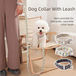 R1A9M Thick Rope Dog Collar with Leash Adjustable Flower Print Pet Collars Combo Vintage Wristband Design Dog Collar Leash Set Small Medium Large Dogs