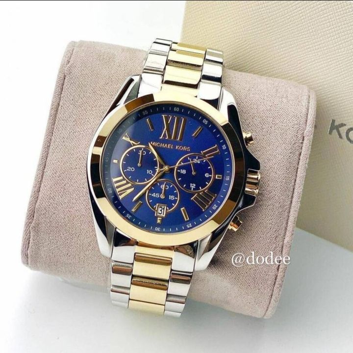 Original Michael Kors Mk5976 Chronograph Navy Blue Dial Two Tone Womens Watch With 1 Year 