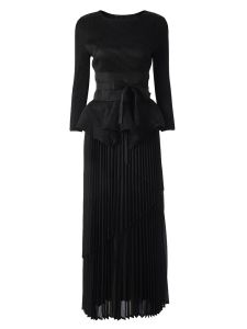 Solid color evening gown 2-piece floral bud top + long pleated skirt elegant temperament set