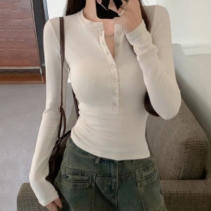 Women Casual Ribbed Henley Long Sleeve T-Shirt Slim Fit Button Up Knit Top