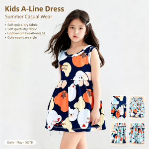 AILEBE Kids Dresses A-Line Elastic Waist Short Sleeve Summer Dress Soft Quick-Dry Fabric Lightweight Breathable Easy Care Cute Floral Solid Color Styles Machine Washable Wrinkle-Resistant OOTD Pambahay For Baby Girls 2-9 Years