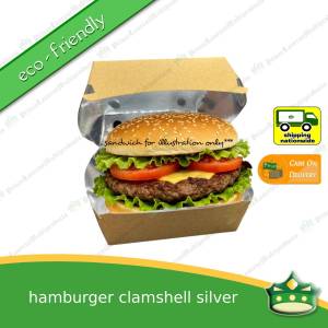 [50 pcs] Kraft silver laminated leak proof hamburger clamshell box for take-out meals packed meals rice toppings noodles pansit merienda ulam viands siopao small meals. Eco-friendly