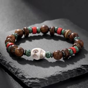 New product New cross-border product: Punk-style skull coconut shell irregular beaded bracelet with wooden beads and wood pieces elastic bracelet