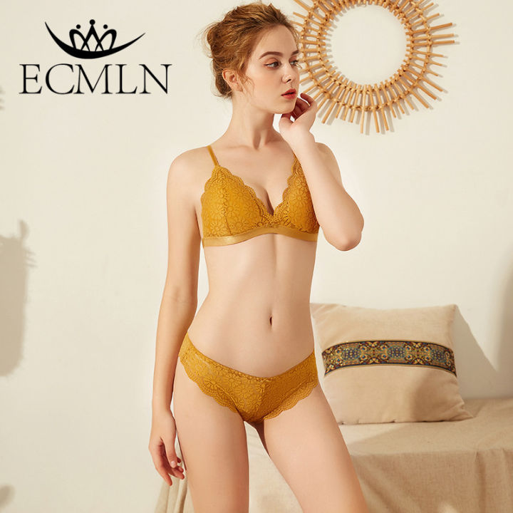 ECMLN Beauty Back Sexy Bra Set Underwear Lace Push-up Bra and Panty Set Female  Brassiere Yellow Flower Embroidery Lingerie Set
