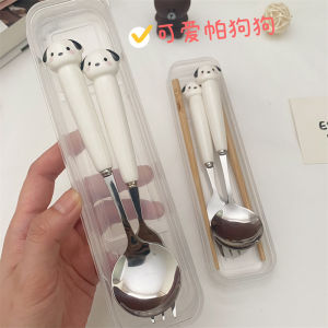 Dreamo Kawaii Pochacco Ceramic Stainless Steel Tableware Set Cute Dog Puppy Fork Spoon Chopsticks Portable Utensils Set with Storage Box 帕恰狗餐具