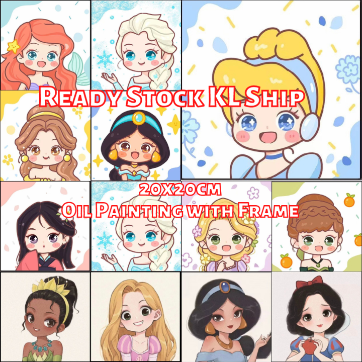 20X20cm Framed Canvas Disney princesses Cartoon princess Diy Oil Paint ...