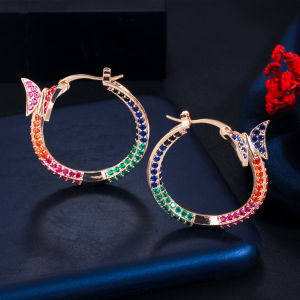 SEQUITO Vintage Unique Full Micro Colorful CZ Pave Butterfly Charm Loop Hoop Earrings for Women Statement Round Circle Jewelry SE323