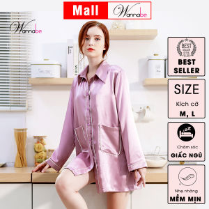 Đầm ngủ sơ mi lụa cao cấp WANNABE DNS44 váy ngủ kiểu dáng pijama rộng rãi thoải mái tay dài viền gân nổi có túi tiện lợi