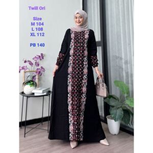 Gamis Batik Twill Pekalongan Motif Batik Cap Kekinian Lengan Karet Full Kancing Depan Mewah