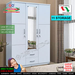 Distrindo - Lemari 3 Pintu 10 Ruang Cermin Panjang + 2 Laci didepan Mewah tapi Murah