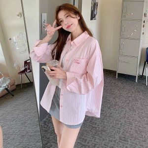 เสื้อเชิ้ตผู้หญิง แขนยาว เสื้อยืด สีชมพู ทรงหลวม ปักลายหัวใจ