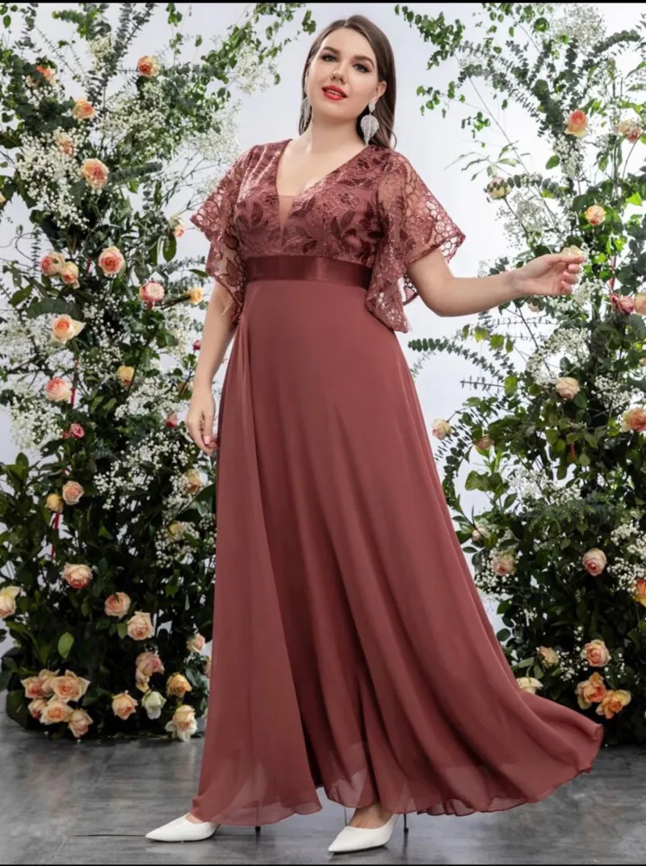 Plus Size Formal Party Dress V Neck Maroon Pink Maxi Elegant Longsleeve Long Dresses For Women Lazada PH