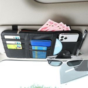 Car Sun Visor Organizer Card Holder Car Accessories Interior Organizer with Multi Pocket Net Multifunction PU Card Package Glasses Storage Pen Car Organizer Hanging Bag Auto Accessories