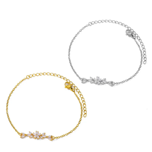 Zirconia Floral Leaf Bracelet With Gold Tone Finish Stylish Wristband Accessory For Elegant And Fashionable Women