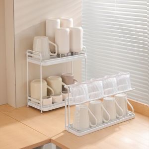 SKJK Double-layer 2Layer Cup Storage Rack Carbon Steel Sink Storage Rack Cup Storage Tray Multifunctional with Drip Tray Drain Cup Rack Home