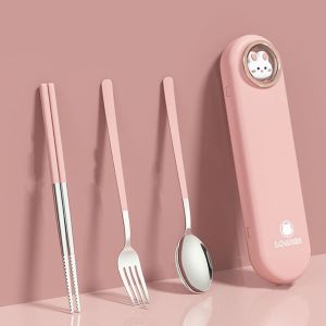 ROBERTADE 3pcs 304 Stainless Steel Portable Cutlery Set Food Grade with Storage Box Travel Tableware Set Dinnerware Anti-sway Chopsticks Spoon Fork Set School