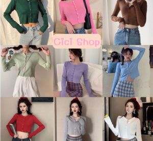 Cici(5203)เสื้อครอปแขนยาวงานไหมพรม