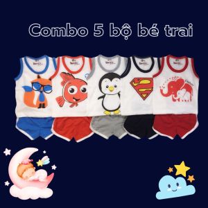 Combo 5 bộ sơ sinh ba lỗ quần đùi bé trai- gái 6-14kg. Chất thun cotton thoáng mát - mềm mịn - dễ chịu cho bé - Kiến Lửa