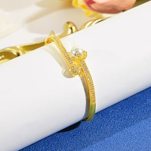 SEQUITO European Style Ladies Golden Pave Tiny AAA Cubic Zirconia Flower Shape Bangle with Small White Pearl Anniversary Jewelry B356