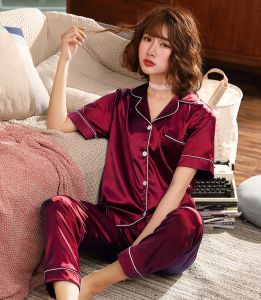 XL-5XL Plain Style Satin Suit Short Sleeve Long Pant Baju Tidur Pajamas Wanitan Nightwear Pyjamas with 11 Colours LS02