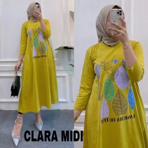 Midi Dress Terbaru 2024 Clara Bahan Combed Apk Sablon Long Tunik Oversize Wanita Ootd Hijab Kekinian