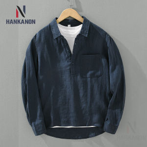 100% Linen Loose Square Collar Long Sleeve Shirt Mens Pullover Leisure Stone Washed Linen Top Outdoor Camping Natural Fabric