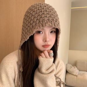 Salime Sweet Handmade Autumn Winter Knitted Beanies Hat Wool Warm Ear Protection Hat Windproof Tassel Pullover Hat