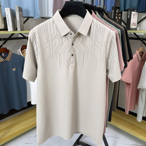 เสื้อเชิ้ตแขนสั้นพิมพ์ลายผ้าไหมน้ำแข็งหลวมๆ ปกเสื้อฤดูร้อนสำหรับผู้ชาย เสื้อโปโลแขนยาววัยกลางคน