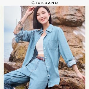 GIORDANO Women Shirts UV-Proof Sun Protective Denim Shirts Patch Pockets Long Sleeve Fashion Casual Denim Shirts 13344322