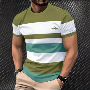 2025 New Trendy Mens T-Shirt Summer Outdoor Casual Round Neck Short Sleeve Top Striped Printed Style OverSize Mens Clothing shirt