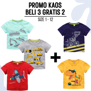 DONUKONY Paket Kaos beli 3 gratis 2 Atasan Anak Laki Laki Motif Alat Berat Dan Dinosaurus Ready Size 1 sampai 12 Tahun