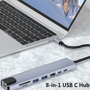 MINIFELE 262 RJ45 100mbps USB C HUB 4K HDMI SD/TF Card Reader 8 in1 Adapter Multifunctional Aluminum Case Type-C Splitter For MacBook Pro
