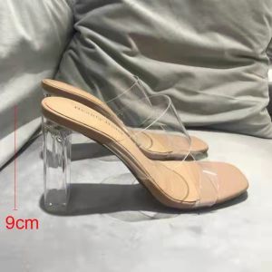 [Free Shipping] Plus Size Transparent Sandals for Women Summer Crystal Heel High Heel Chunky Heel Mid-Heel Round-Toe Fashion Slide Sandals