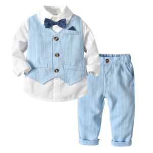 Kids baby boy outfit formal set 0-6y beige plaid waistcoat shirts pants suits boys infant birthday clothes party costume㏇X0422
