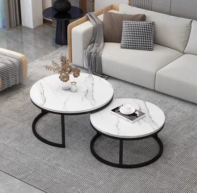 Modern Marble Coffee Table Set of 2 (60cm+45cm 70cm+50cm)Premium Gold Frame White Marble Black Space Saver Conceal Design